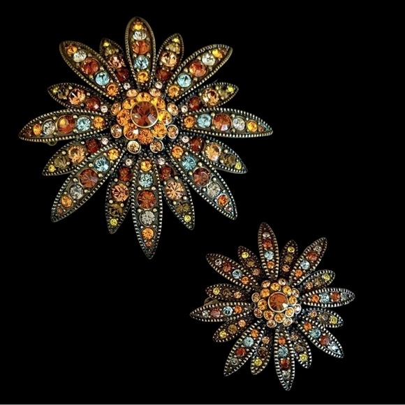 Vintage Joan Rivers Topaz Sunburst Brooch Set With Swarovski Crystal Stones
